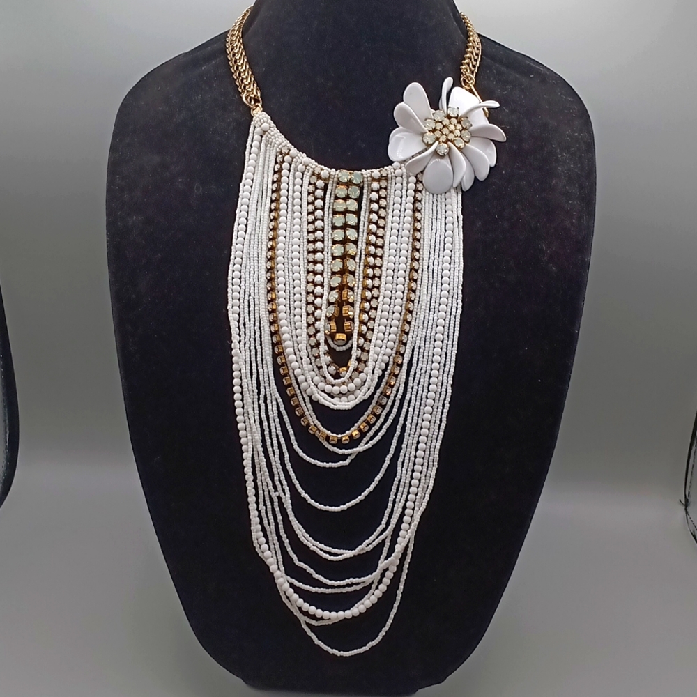 Vintage Rajá Italy White Beads and Gems Bib Necklace